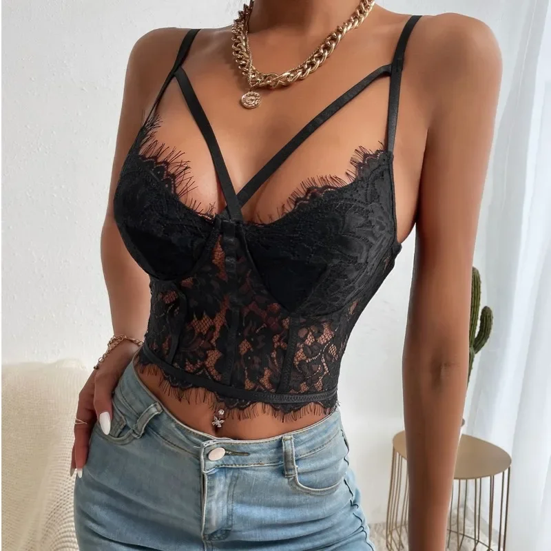 CHUANGERM Sexy Corset Trendy Fashion Sheer Solid Lace Sensual Tops For Women Backless Slim Spaghetti Strap Lnner Camisole Vest