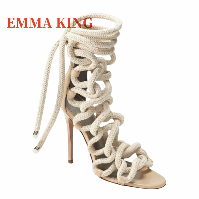 الصيف النساء الدانتيل متابعة صنادل طراز جلاديتور حبل التفاف اللمحة تو صندل عالي الكعب مثير نادي فستان الحفلات أحذية السيدات الكاحل حزام صندل