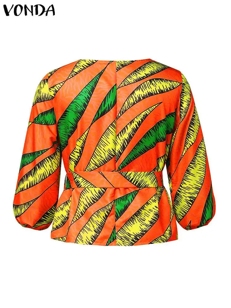 Plus Size 5XL VONDA Bohemian Printed Blouse Women Tunic Tops Belted 2024 Summer Shirts Fashion Puff Sleeve Casual O-Neck Blusas