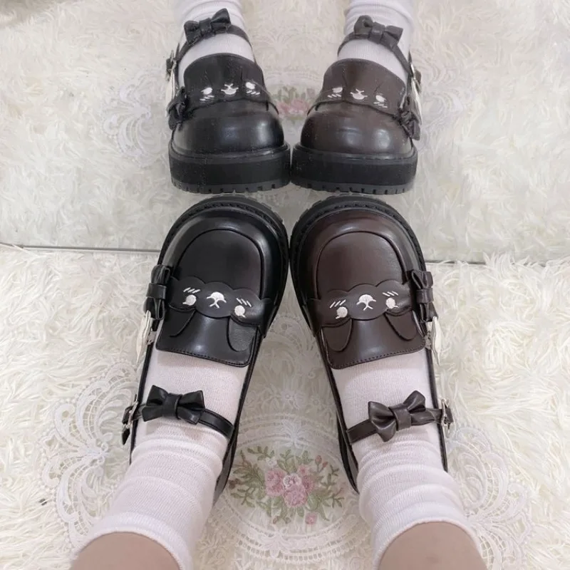 Cute Cartoon Cat Face Platform Mary Jane Shoes Women Star Bow T-Strap Lolita Flat Shoes Gothic Japanese JK Uniform Loafers view 3