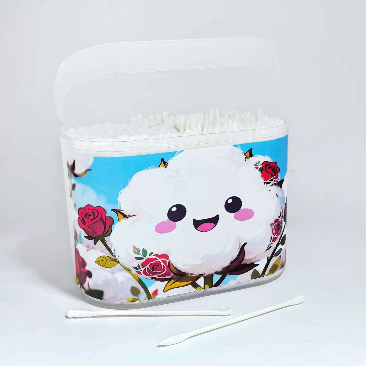 600개 창의적인 장미 테마 면봉 스틱, 양쪽 끝이 있는 디자인, 얇은 샤프트 나사형 양쪽 끝 면봉