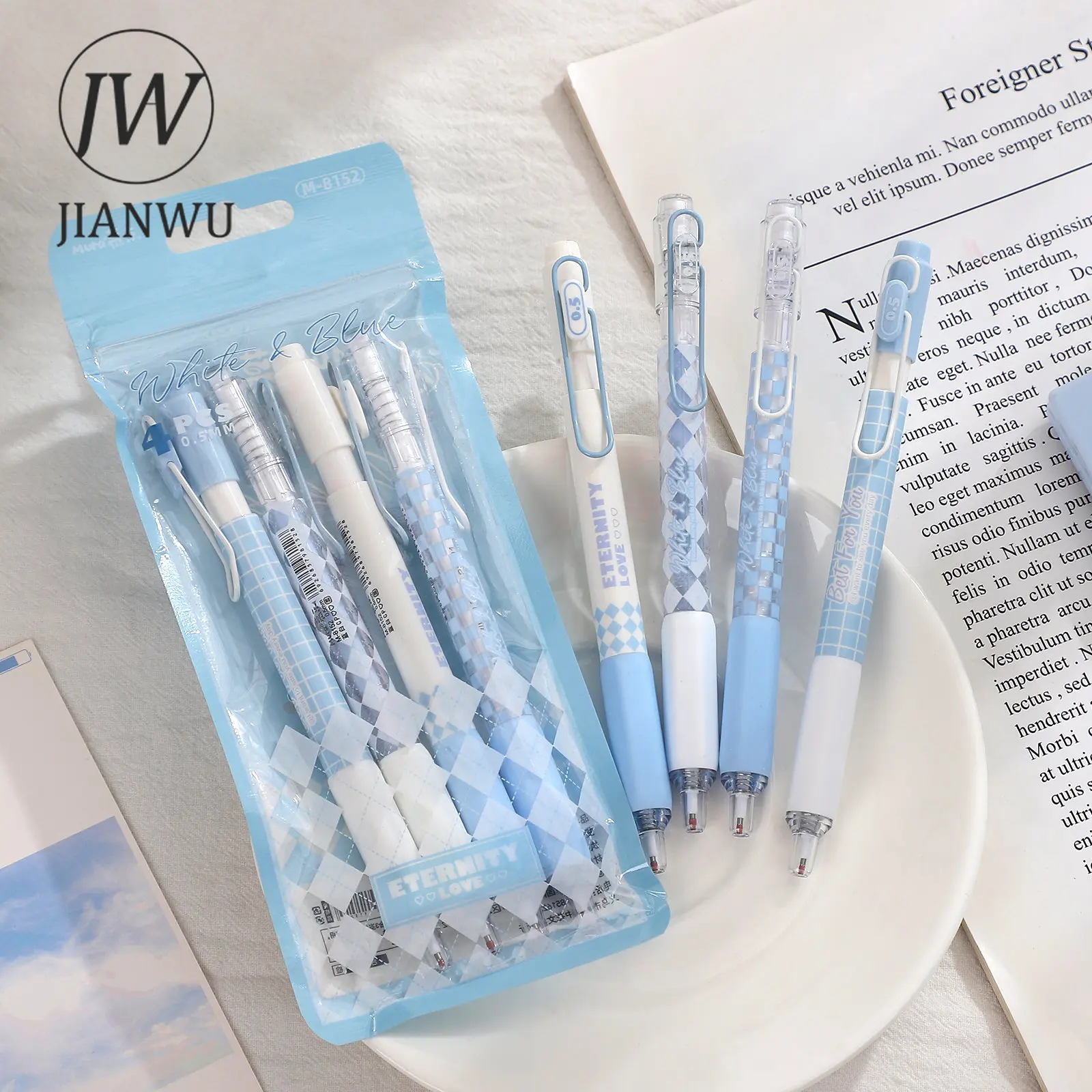 JIANWU 4Pcs/set Blue and White CP Plaid Press Gel Pen Set 0.5mm Black Ink Quick Dry Pen Creative DIY Student Supplies Stationery