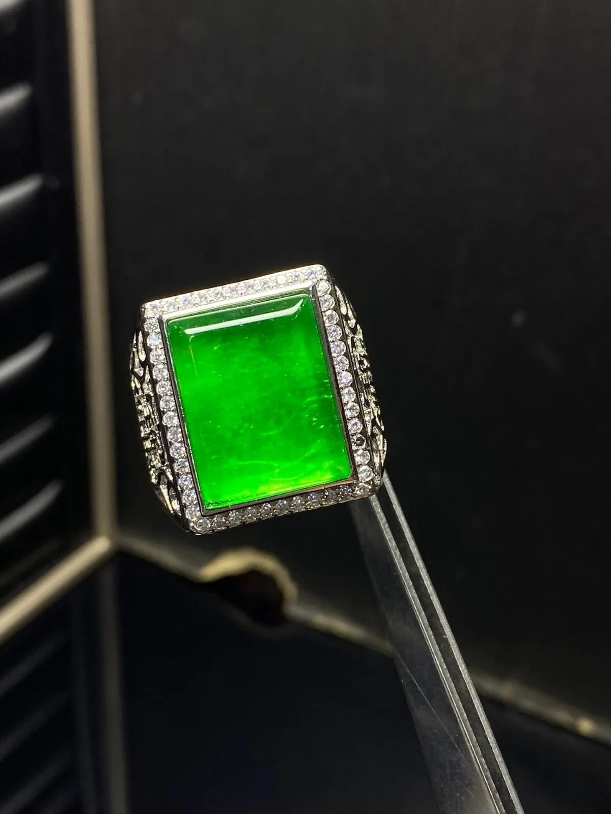 Certified Rare Natural Perfect High Ice Green Emerald Jade Jadeite Men's Rings