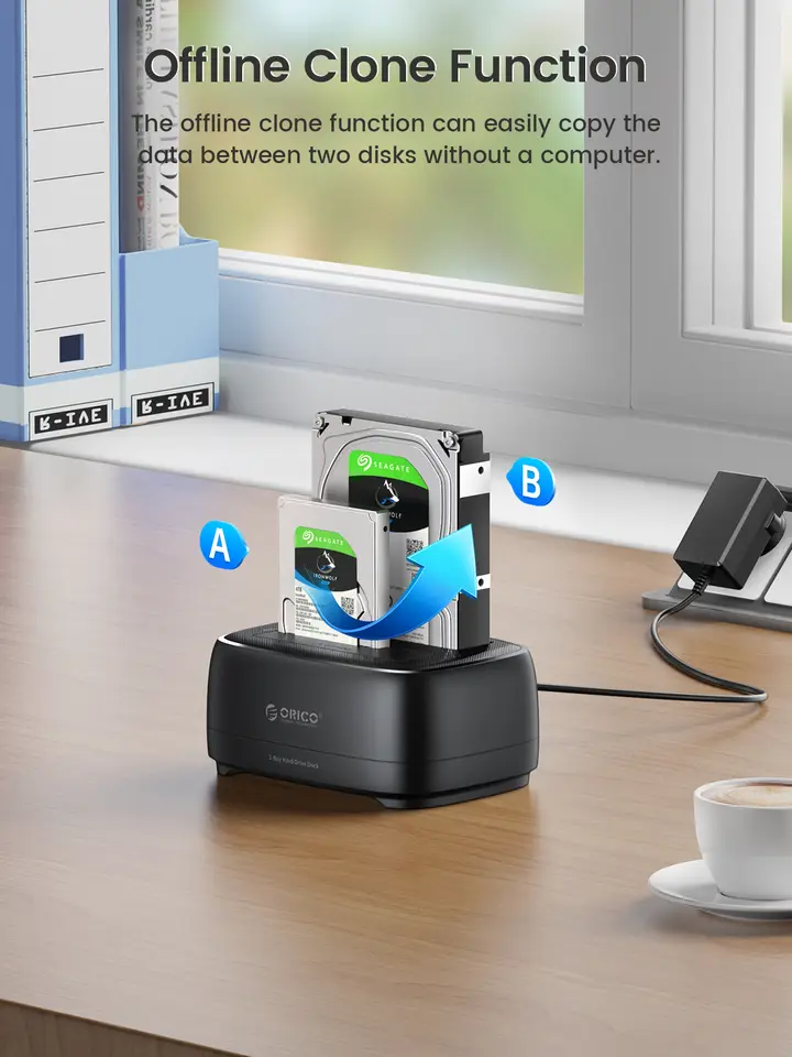 محطة إرساء ORICO لنسخ الأقراص الصلبة دون اتصال، منفذ USB3.0 وType-C بسرعة 5 جيجابت في الثانية، حاوية أقراص صلبة مزدوجة تدعم أقراص HDD/SSD بحجم 2.5/3.5 بوصة - 4