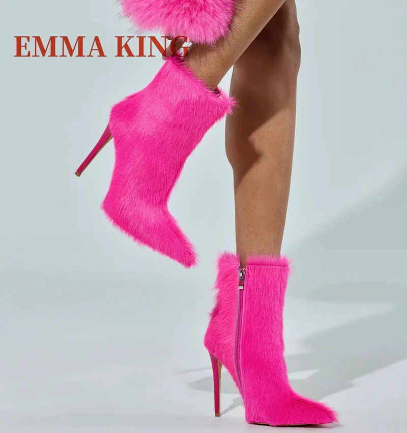 

Autumn Faux Fur Upper Boots Women's Pointed Toe Stiletto Hee Mid-Calf Ankle Boots Fashion Catwalk Elegant Dress Women's Shoes 44