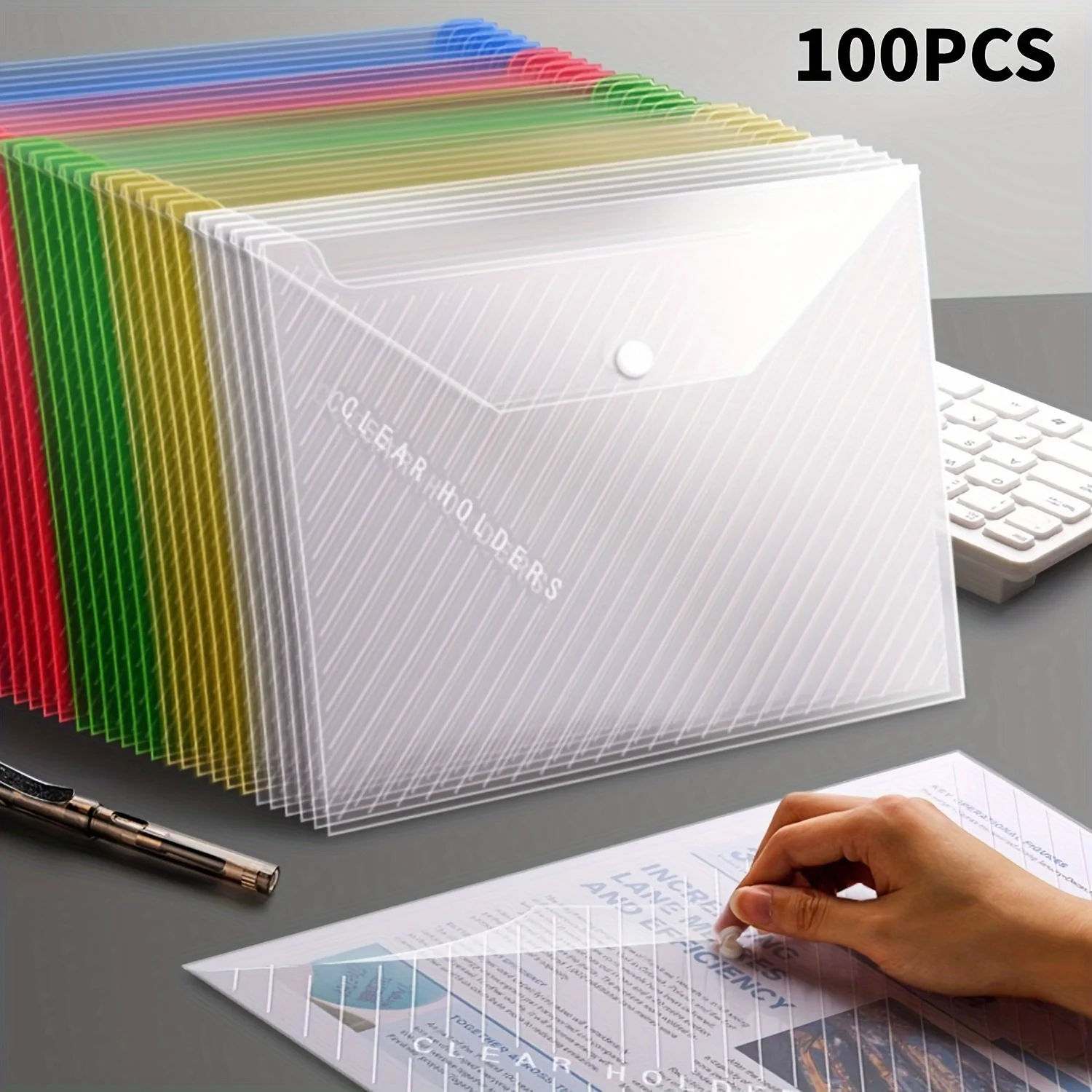 

100 шт., разноцветная + белая, прозрачная сумка для файлов формата А4, сумка для хранения на пуговицах, для офисного органайзера и сумки для файлов, школьные принадлежности