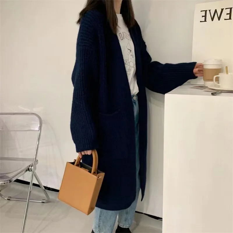 Pocket Design Cardigan Women Knitted Medium length V-neck Long Sleeved Thick Coat Jacket Female Sweater Cardigan Autumn Winter