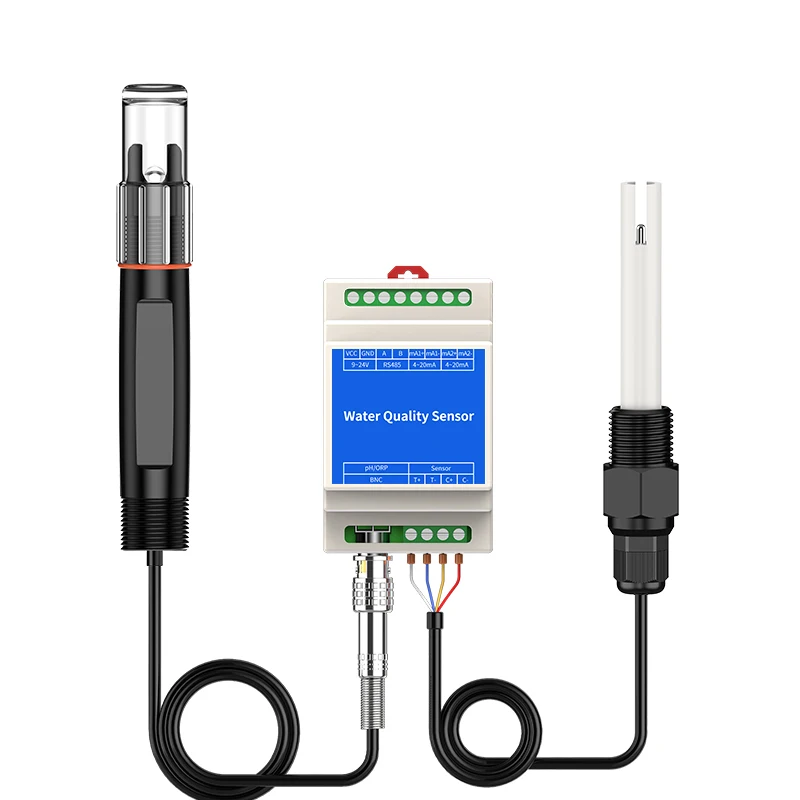 DIN Rail Mounted pH EC Modbus transmitter with sensors 2 in 1 pH conductivity RS485 analyzer 2-CH aquaculture industrial inline