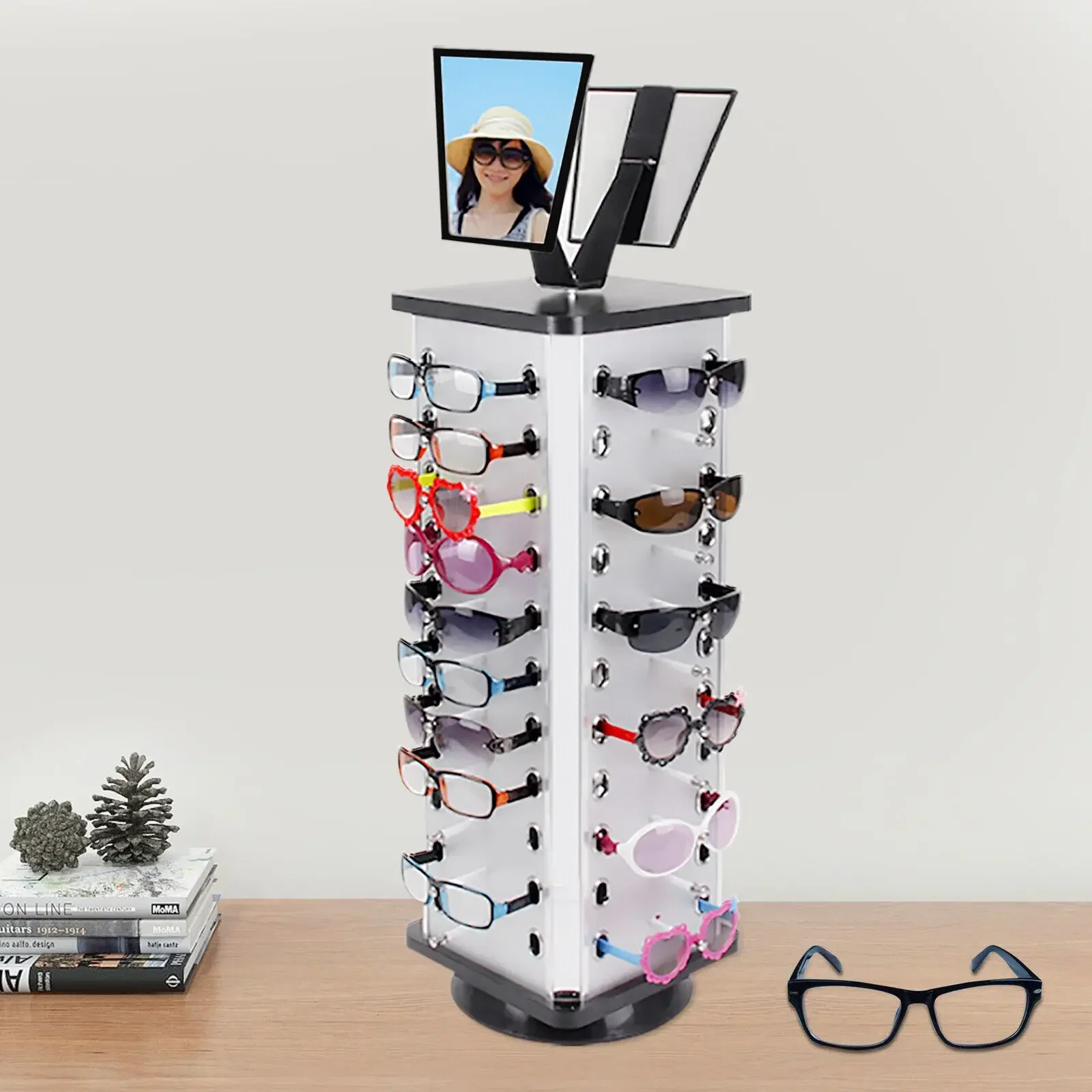 Rotating Glasses Display Stand, 44 Pairs Sunglasses Holder Eyeglass Display Turning Stand with Mirror for Displaying or Storing