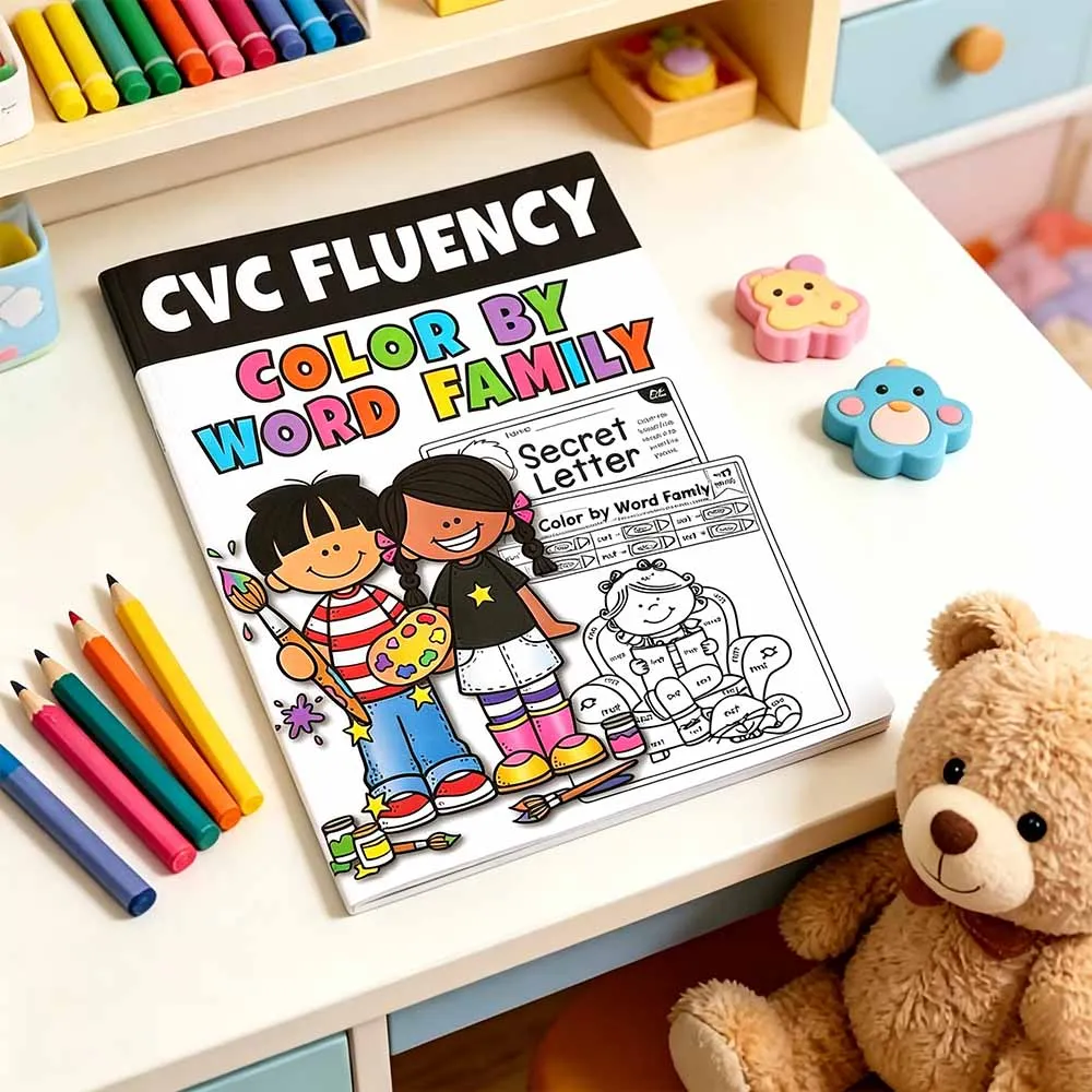 CVC Fluency Color by Word Family Book - Phonics Reading Practice Educational Activity Book for Preschool Kids