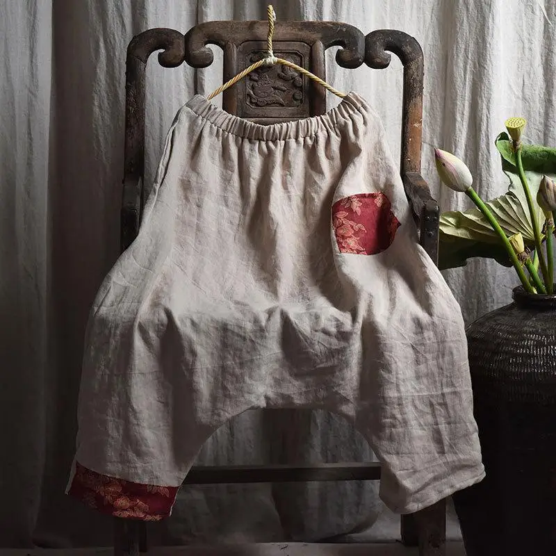 Original Design Chinese Style Spring Summer Women Elastic Waist Linen Cross-pants Single Pocket Vintage Casual Baggy Pants 3525