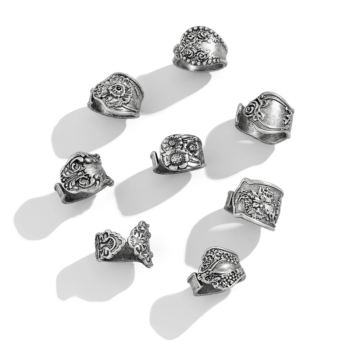 Ingemark 8Pcs Vintage Silver Color Adjustable Open Rings for Women Goth Carved Flower Metal Rings Engagement Wed Jewelry Gift