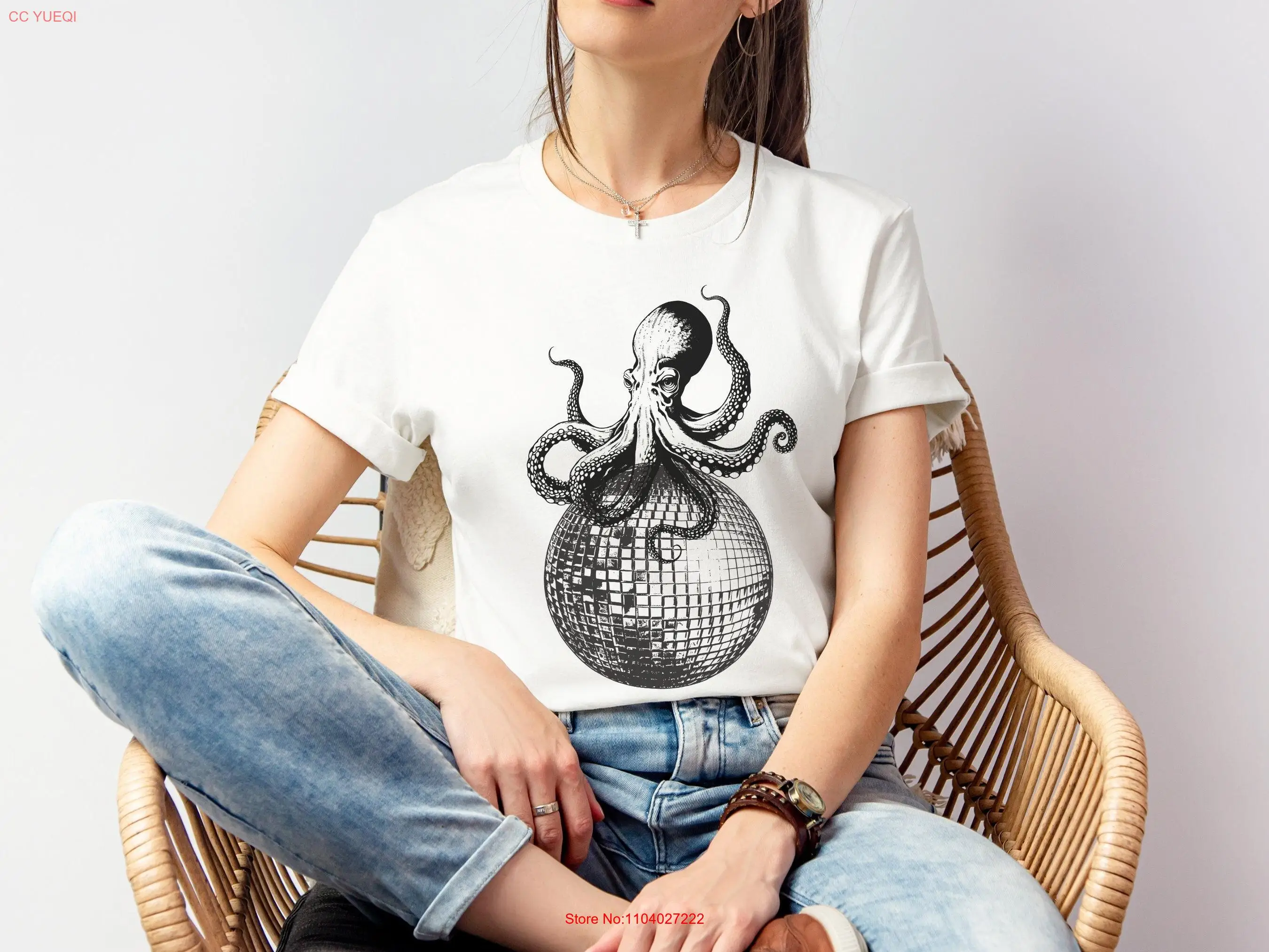 Disco Ball T Shirt Retro Octopus Print for Sea Lover Y2K Discoball Vintage Inspired Grunge Top long or short sleeves