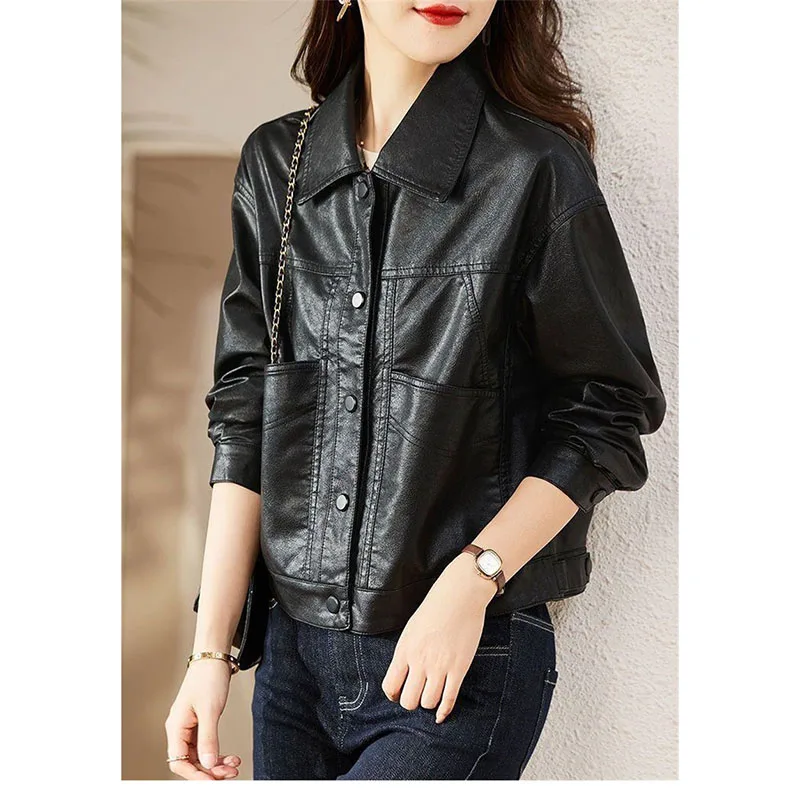 Women Jacket New in Coats Fashion Single-breasted Women's Short Leather Spring and Autumn Lapels Ladies Fashion Leather Coat