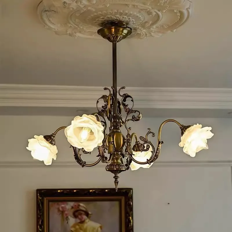 American Classical All Copper Ceiling Chandelier Retro Countryside Flower Luxury Woonkamer Bedroom Dining Room Lighting Ornament