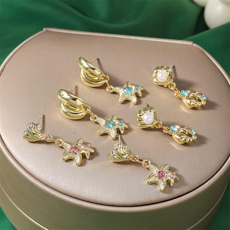 Modische Kristall-Seestern-Muschel-Ohrstecker für Frauen und Mädchen, Sommer-Strand-Urlaubsschmuck Geschenke – Detail 5