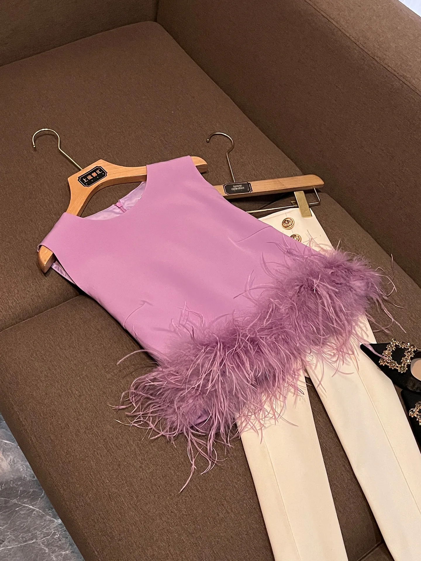 

Summer 2026 Women's Zipper Neck O-Shape Purple Ostrich Feather Patchwork Vest Sleeveless round Neck Zipper Vest P394