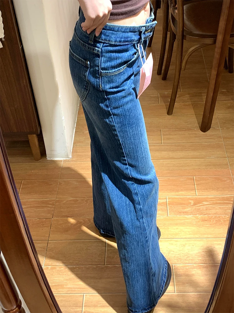 กางเกงยีนส์ทรงขากว้างเอวต่ำสไตล์อเมริกันสำหรับผู้หญิง ฤดูใบไม้ร่วง ฤดูหนาว รุ่นใหม่ ใยไผ่ ช่วยให้ดูผอม ทรงยาวคลุมเท้า
