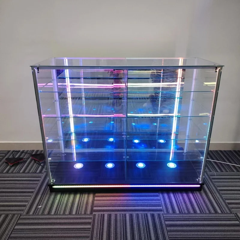 

2025customized. colorful 48 inch smoke shop showcase 4 glass shelves glass display with RGB light