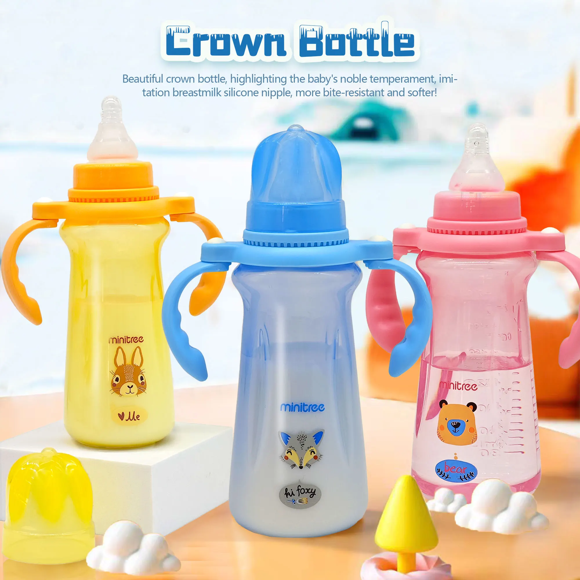 240mL Crown Bottle Cover Baby PP Bottle, Crown Design Movable Handle Bottle, Breastmilk Bottle for Baby 0-36 Months