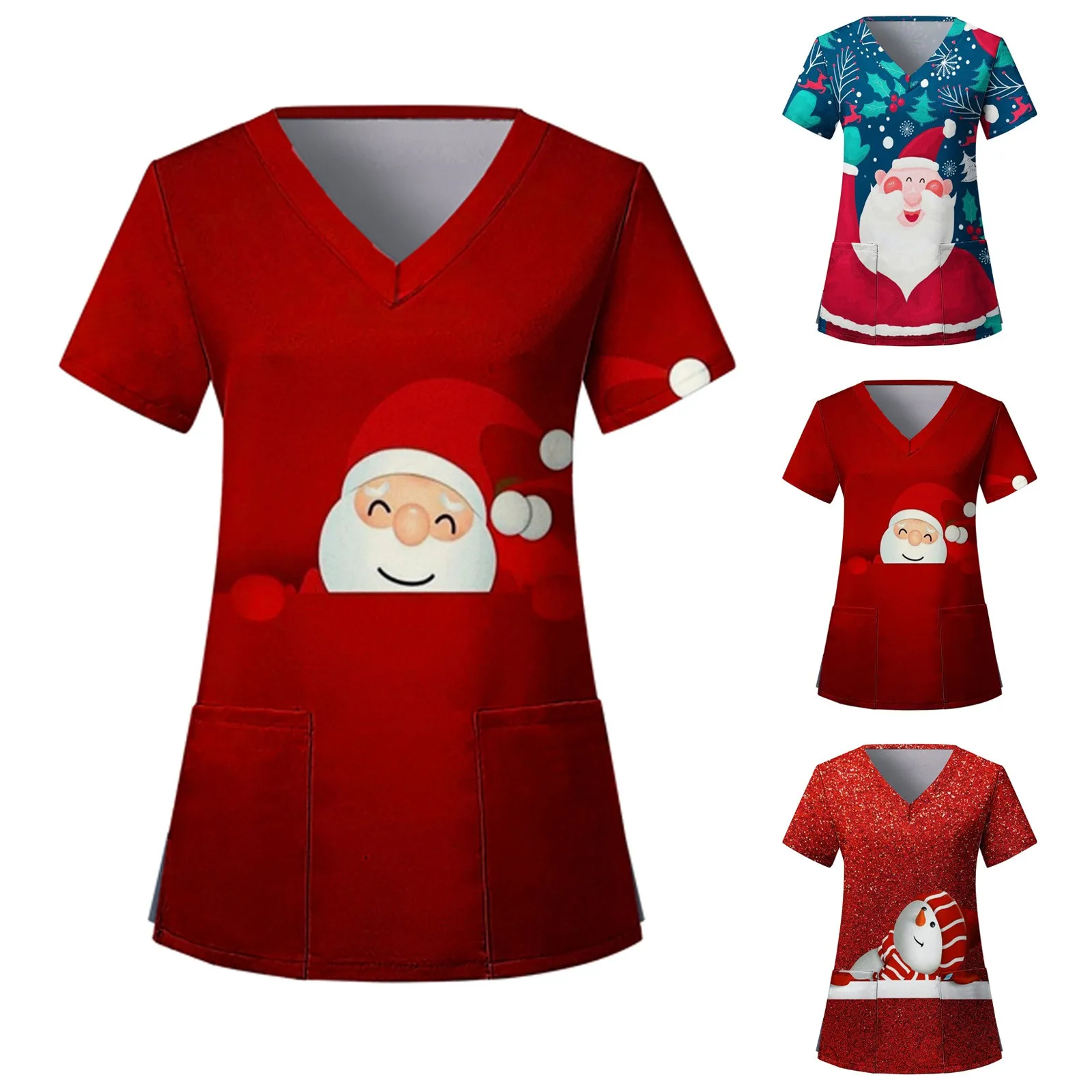 Mulheres Estampa de Natal Manga Curta Enfermeira Uniforme, Top Decote V, Enfermeira Scrubs, Enfermagem e Trabalhadores Workwear, Uniforme de Natal