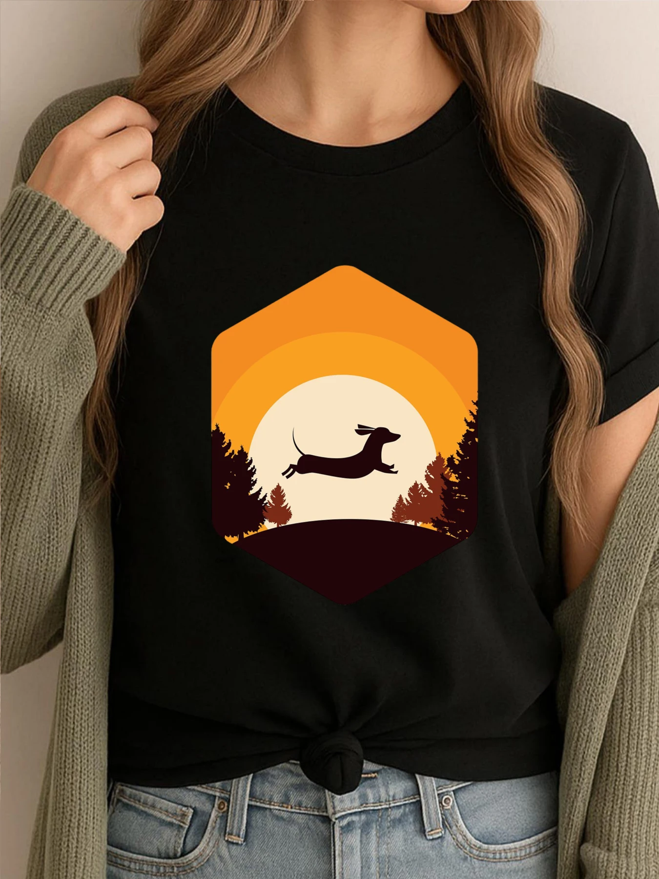 

Dachshund Moon Sunset Design For Doxie Lovers Men Clothes Graphic Tshirts Men Vintage Printed Clothes