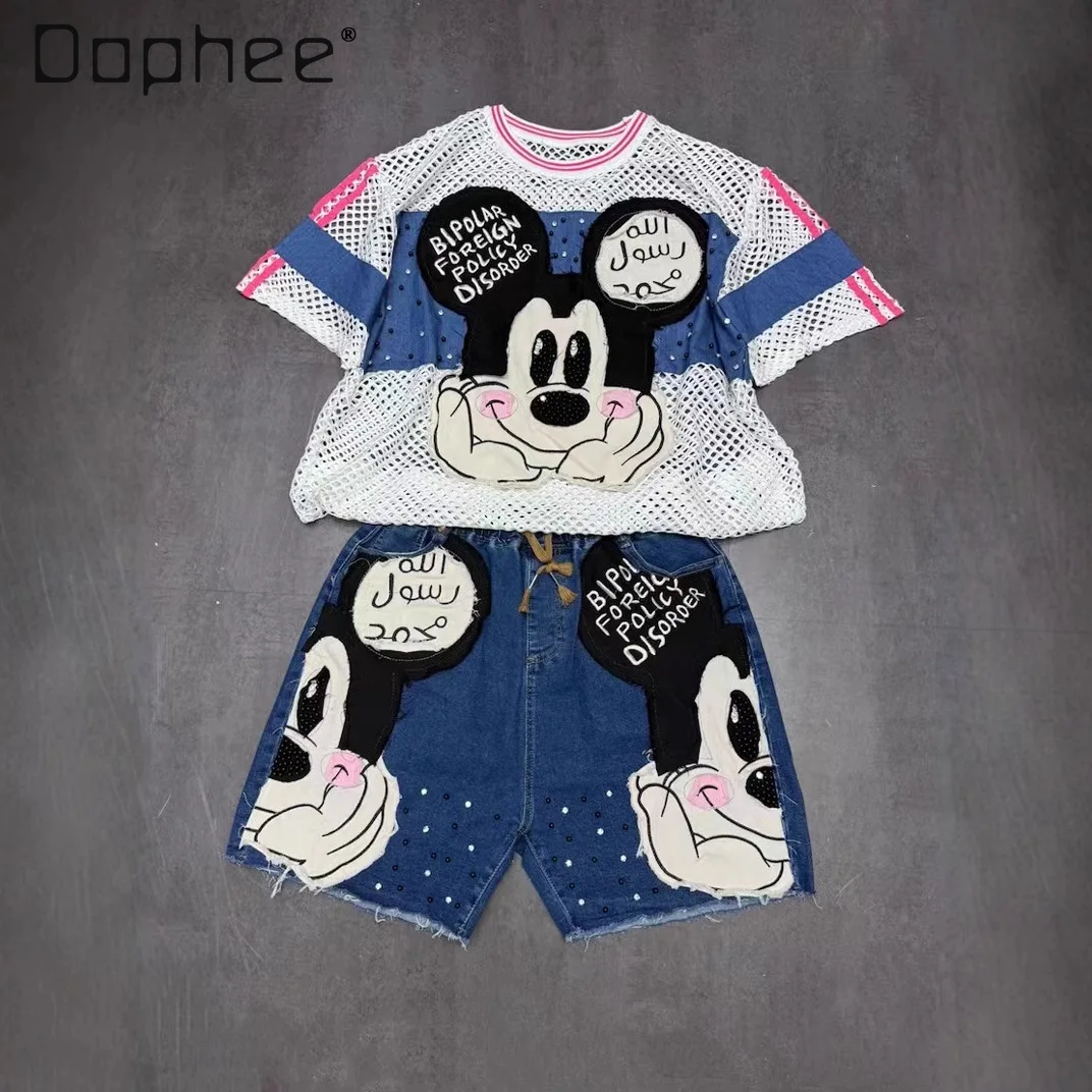 

European Goods Suit 2025 Summer New Heavy Industry Cartoon Short-sleeved T-shirt + Shorts Women's Loose Casual Top Trendy Brand