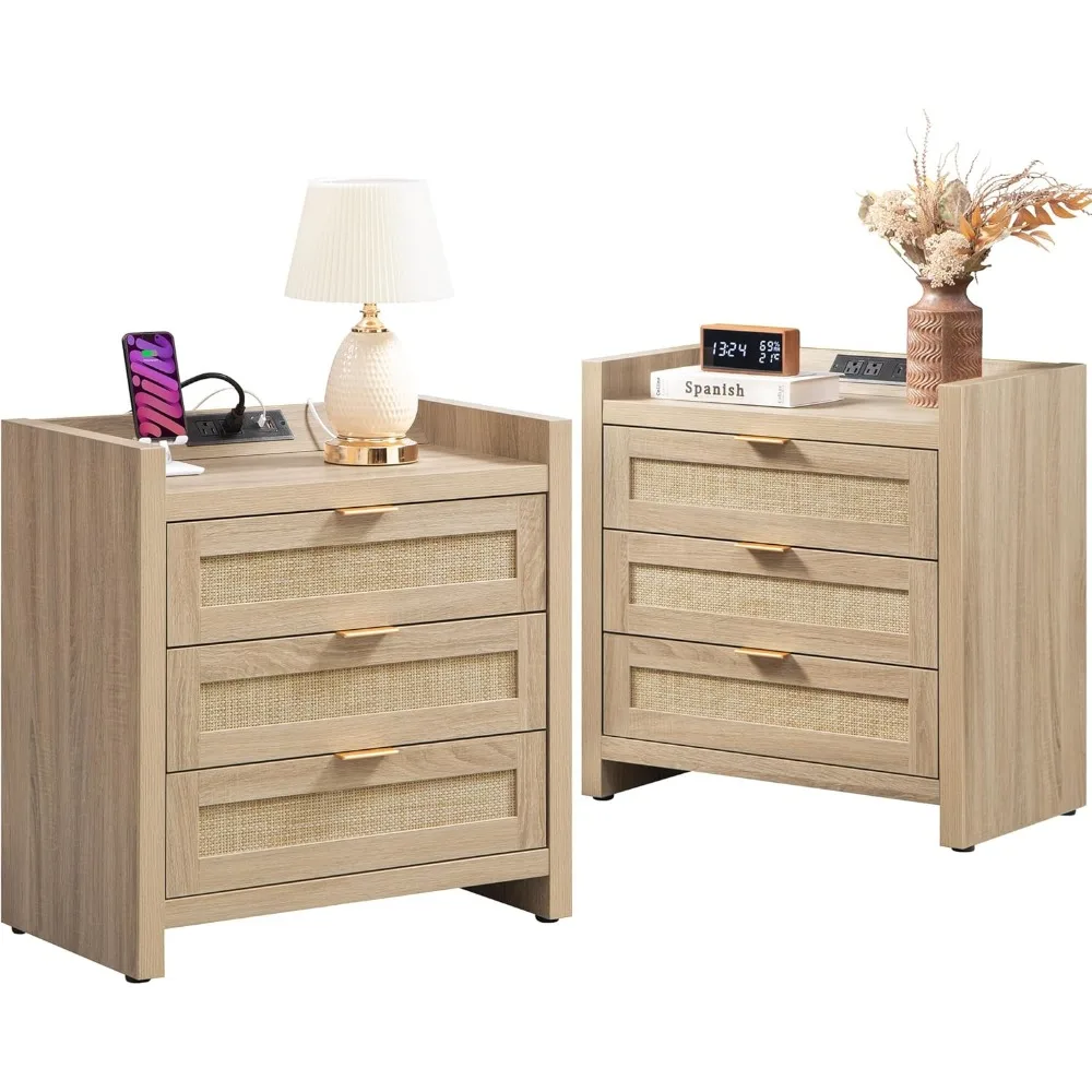 Rattan Nightstands Set of 2 Bedside Table - Larger Night Stand with Type-C Charging Station,3 Drawers Storage,Boho Night Stands