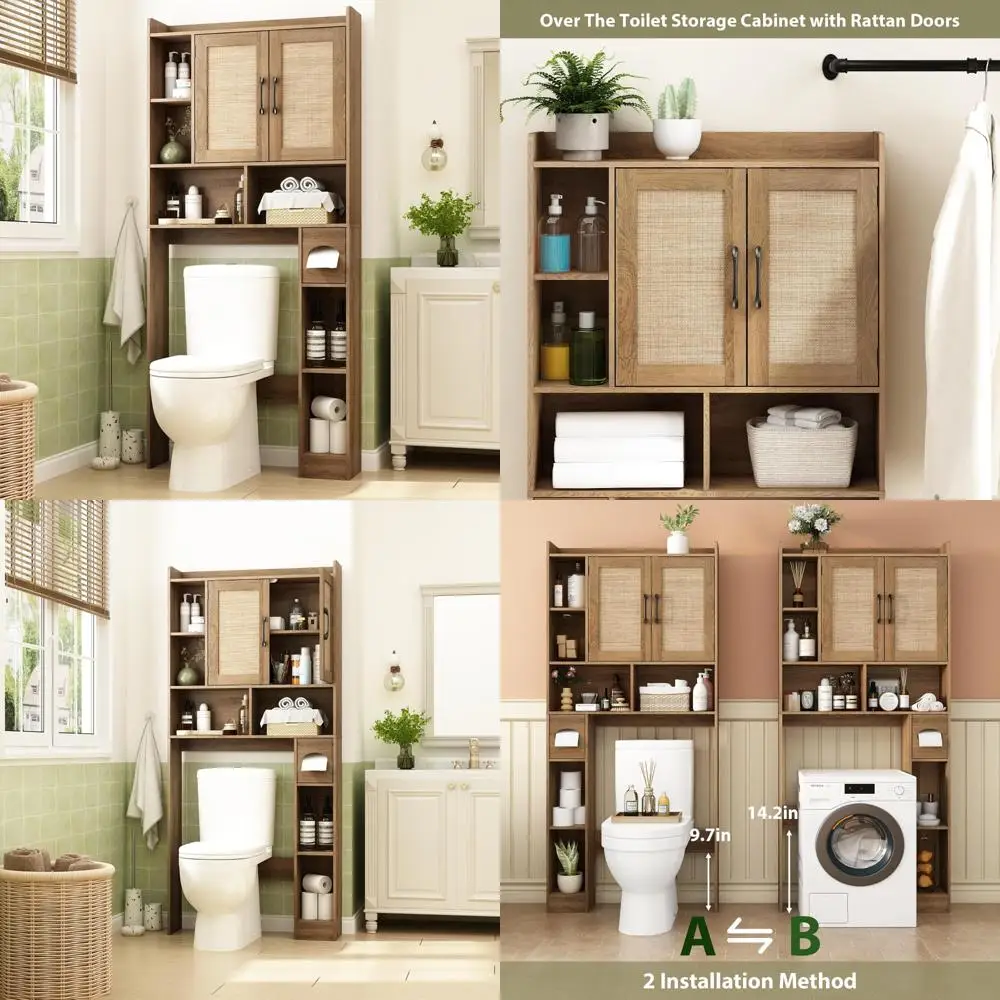

Rattan Toilet Storage Cabinet - Boho Style Bathroom Organizer with 2 Doors and Adjustable Shelves