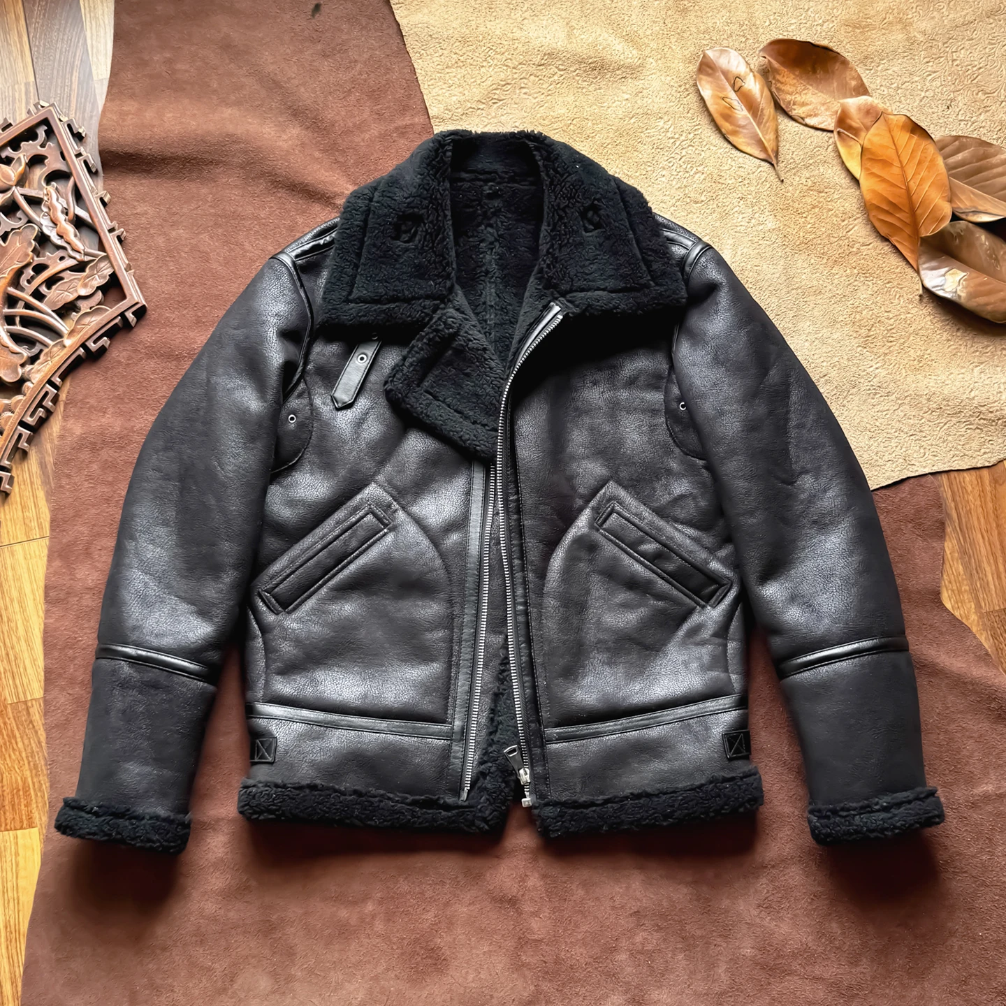 سترة ريترو شيرلينغ للرجال من جلد الغزال لراكبي الدراجات النارية بقصة ضيقة معطف شتوي قصير