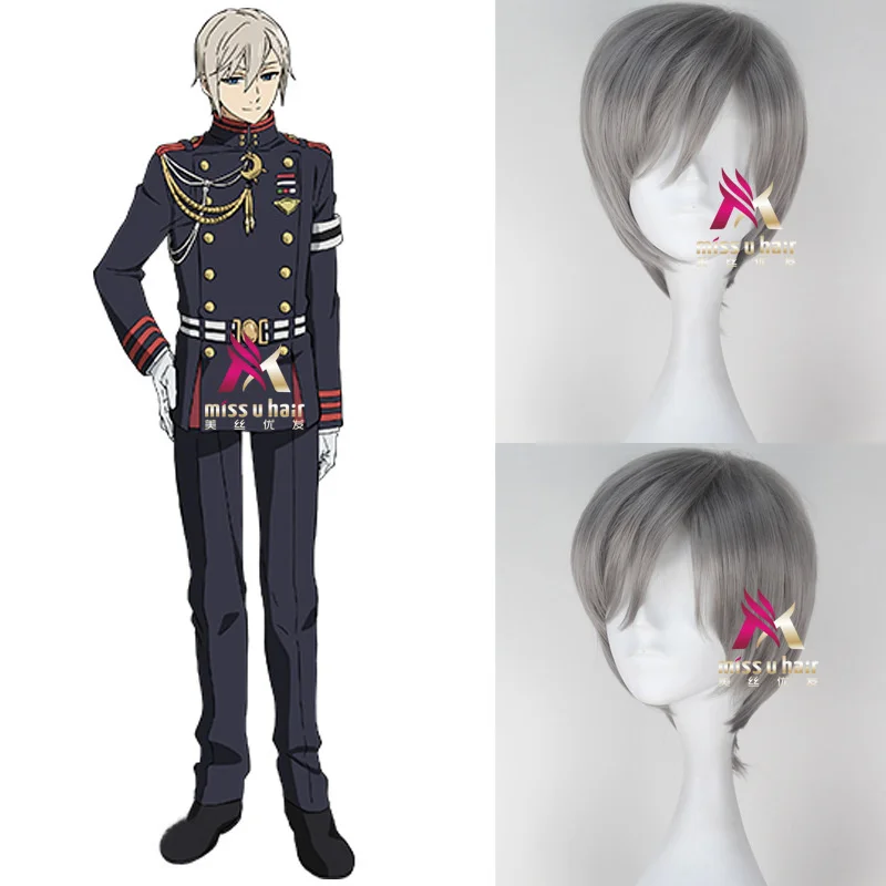 

Seraph Of The End Hiiragi Shinya Hiragi Short Silver Grey Heat Resistant Hair Cosplay halloween Costume Wig + Free Wig Cap