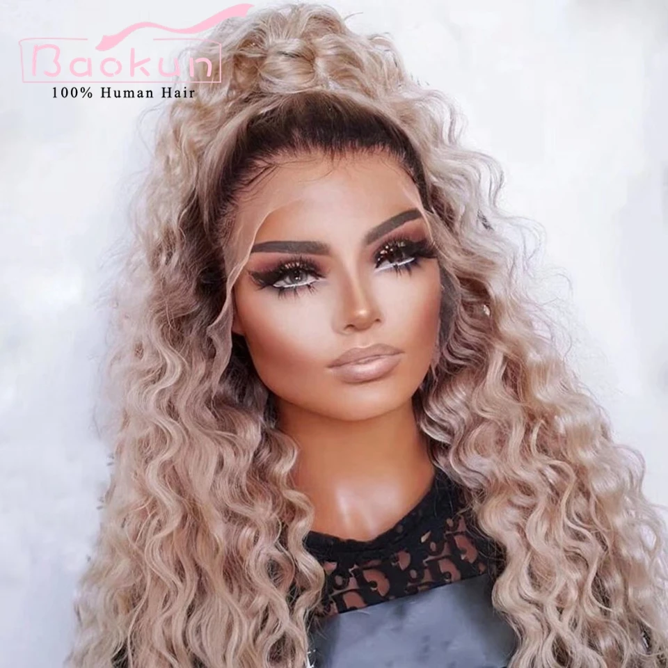 13x4 Ash Blonde Deep Wave Frontal Wig Pre Plucked Glueless Curly Lace Front Human Hair Wigs Transparent 13x6 HD Lace Frontal Wig