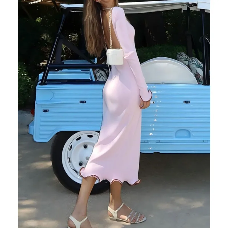 2025 Vestido midi feminino com babados em bloco de cores e design moderno com ajuste bodycon, mangas largas, perfeito para um visual atrevido