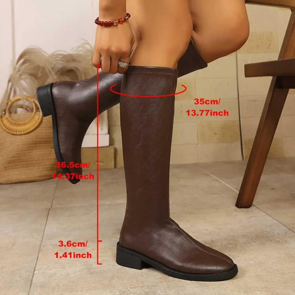 Neue Winterstiefel mit Rundzehen und eckigem Absatz, bequeme, lässige, kniehohe Stiefel, modische, heiß begehrte, sexy, elegante Ritterstiefel für Damen – Detail 2