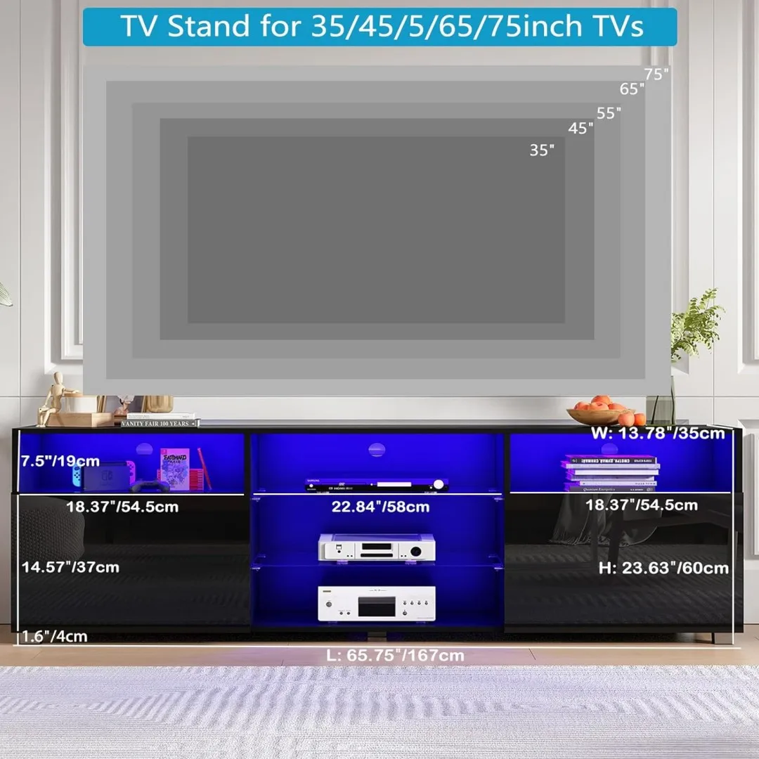 LED TV Stand Modern High Glossy Entertainment Center TV Shelf with Storage Cabinet with Double Barn Doors 57/65/71/81/87In