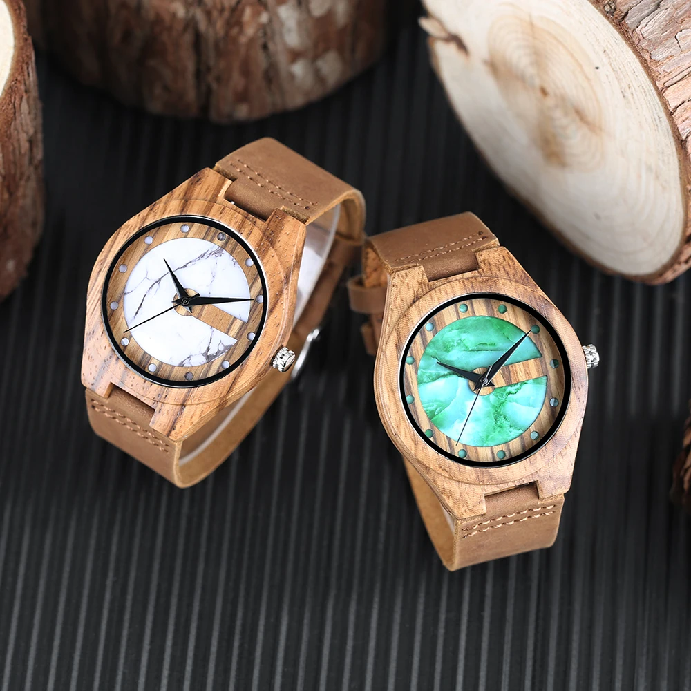 Unique White/Green Display Zebrawood Quartz Men's Watches Brown Genuine Leather Casual Stylish Male Wristwatch reloj