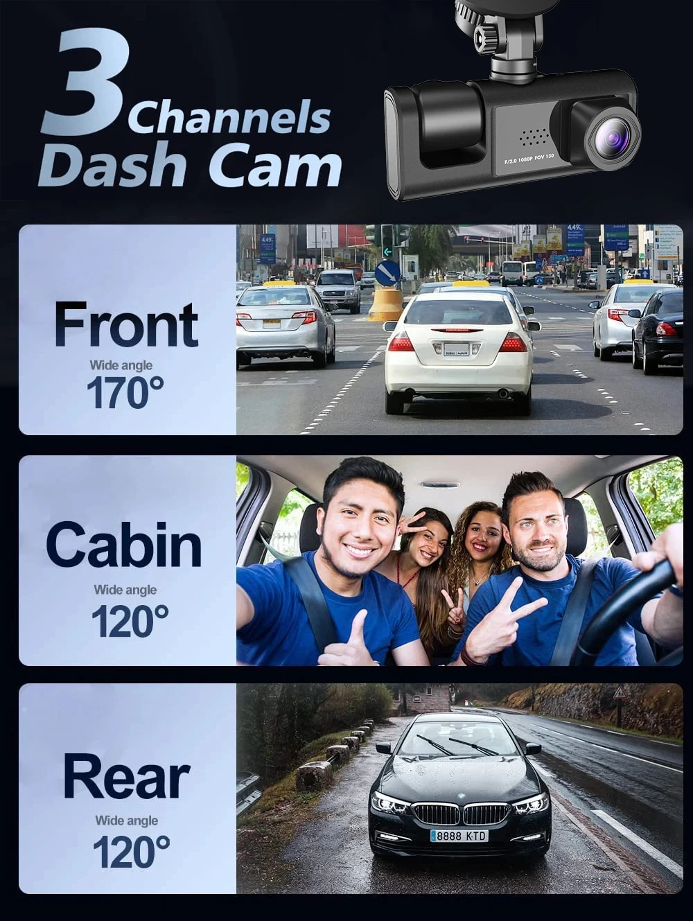 1080P 3-Kanal-Objektiv WLAN Dashcam Auto DVR Innenraumkamera Mini-Recorder Video-Registrator Dashcam Dreiwege-Videokamera – Detail 4