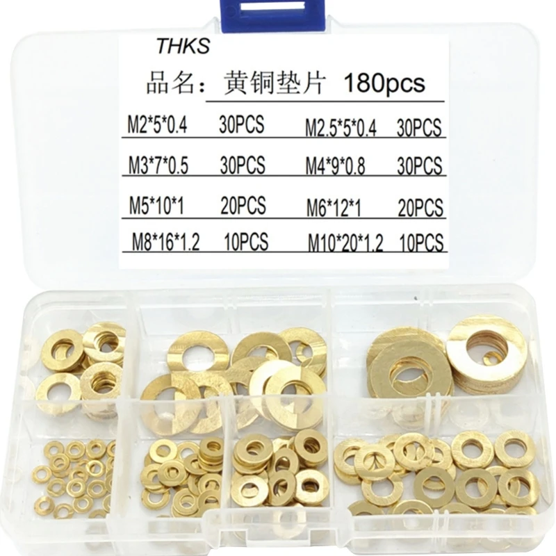 180Pcs Flat Washers Brass Flat Washers Metal Washers Combination Set 8Sizes M2M2.5M3M4M5M6M8M10 Set Washers