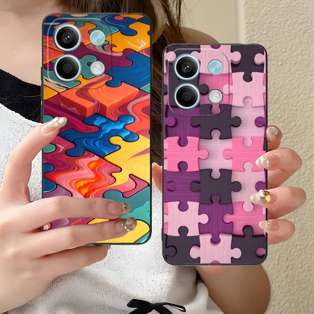 Puzzle Pretty Fashion Mobile Cell Phone Case for Xiaomi Redmi 14 13 13C 12 12C 10 10C A1 A2 A3 Plus 5G Black Phone Cover Shell