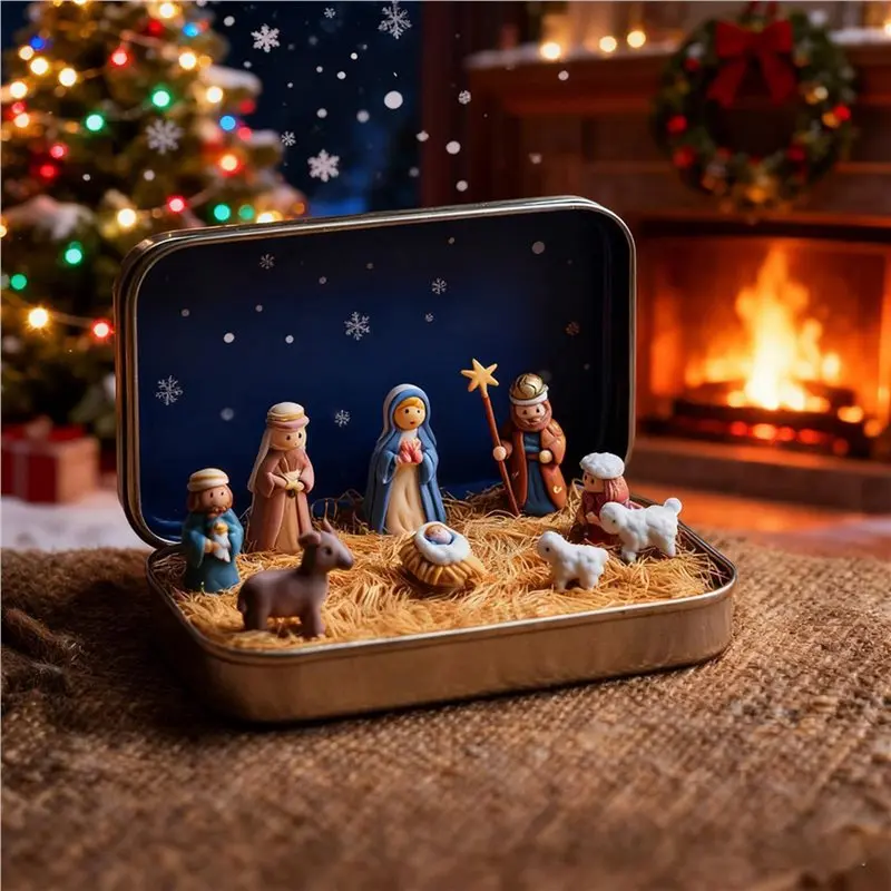 HLZS-2X Small Nativity Scene - Pocket Christmas Nativity Scene Set Small 3D Holy Figurines Religious Ornament Christmas