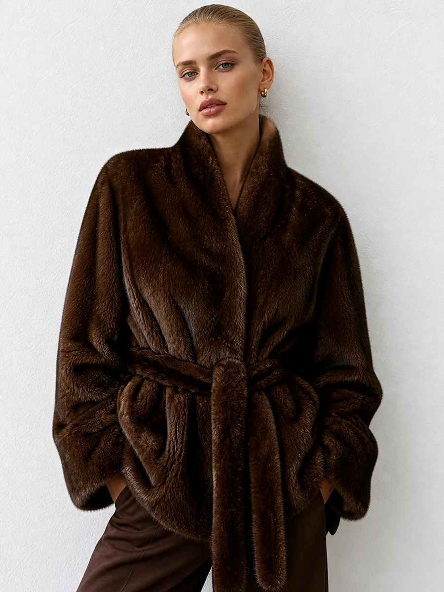 2026 Autumn Winter Women Faux Mink Fur Jacket Shawl Collar Belted Wrap Coat Luxury Fluffy Outerwear Brown