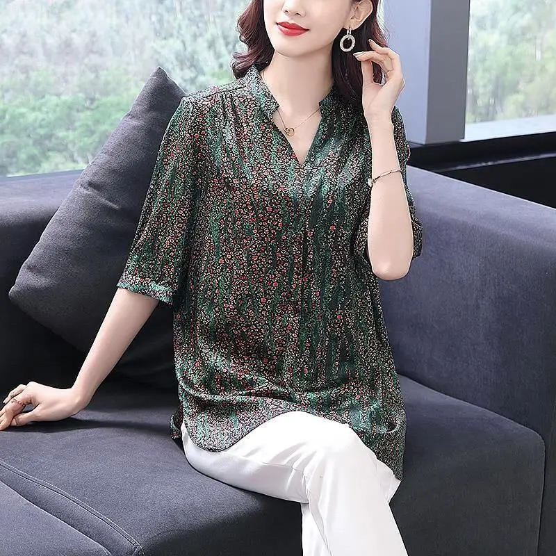 Fashion Women Spring Summer Chiffon Blouses Women Csual Half Sleeve Oversize 6XL Print Loose Mother Shirt Elegant Pullover Tops