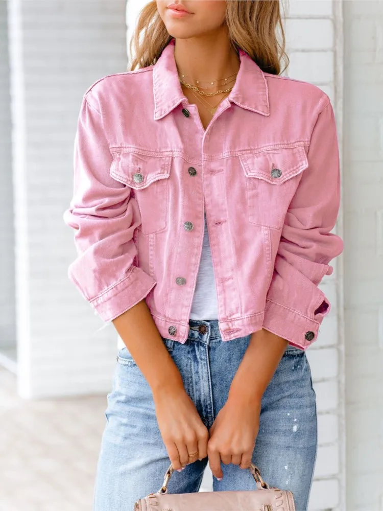 

Women’s Solid Color Short Denim Jacket Coat 2025 Spring Autumn New Casual Long Sleeve Buttons Loose Jeans Coat Female Outerwear