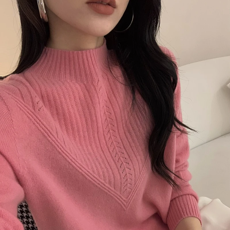 Women's Half Turtleneck 100% Merino Wool Fashion Striped Soft Pullover Women's New Solid Color Top For Autumn/Winter 2024