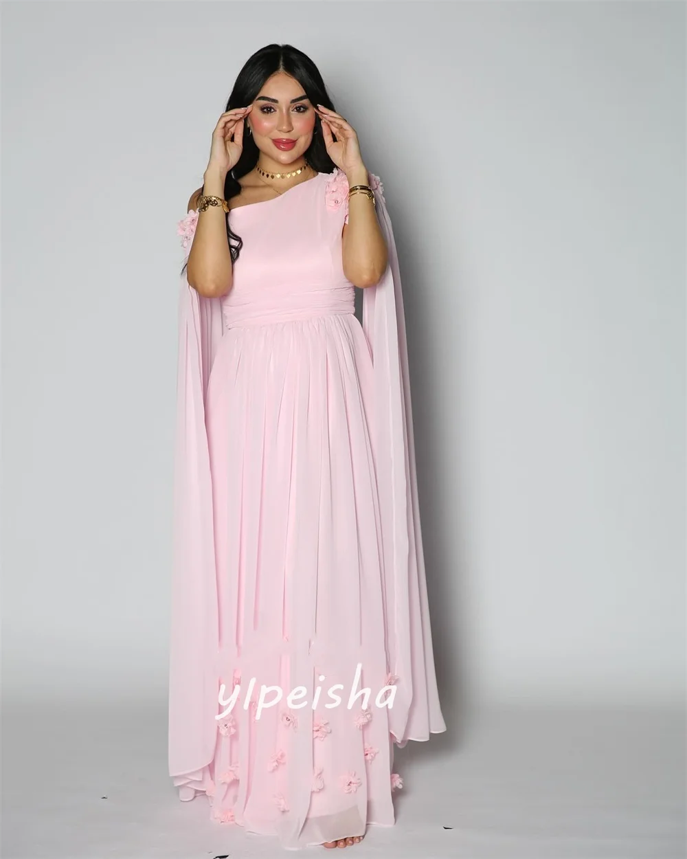 Customized  Sexy Casual   Chiffon Flower Beading Draped Party A-line V-neck Bespoke Occasion Gown Long Dresses