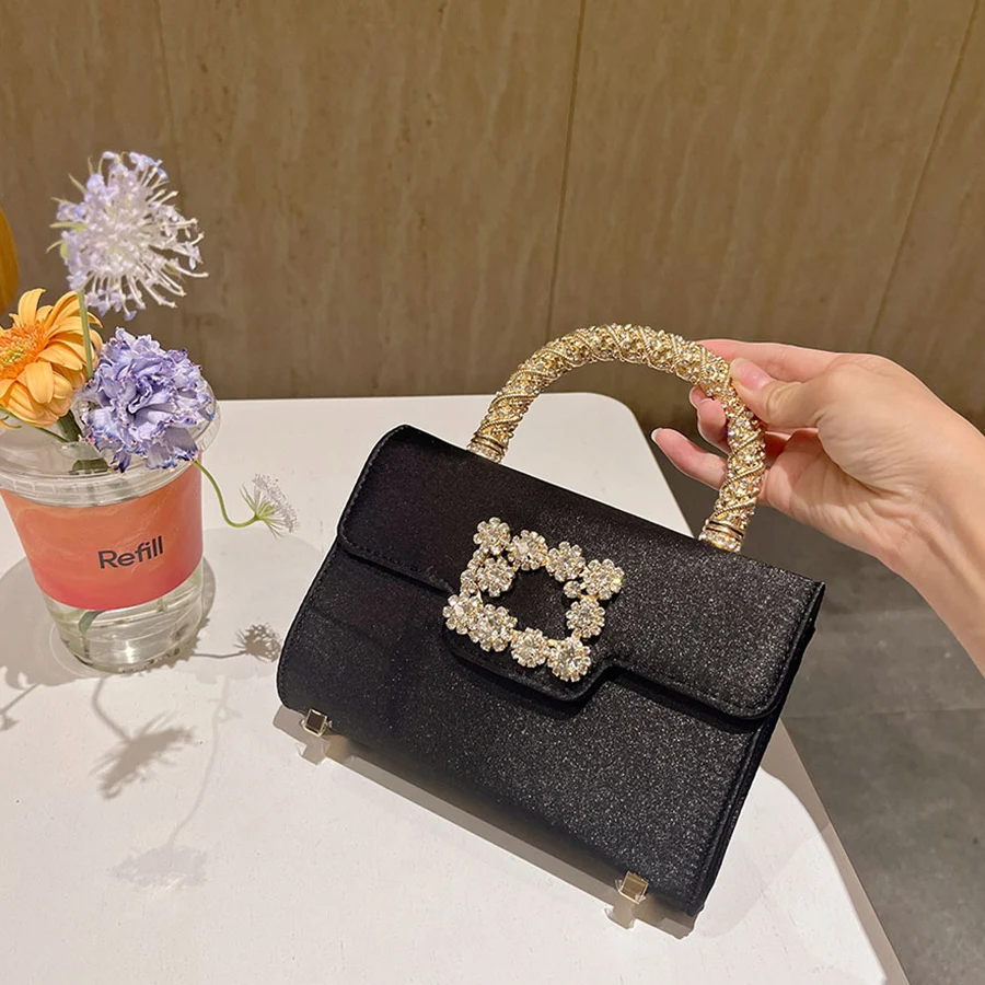 Rhinestone Faux Silk Diamond Evening Bag Silver Diamond Buckle Handle Fashion Flip Handbags Elegant Ladies Square Bolsa Feminina