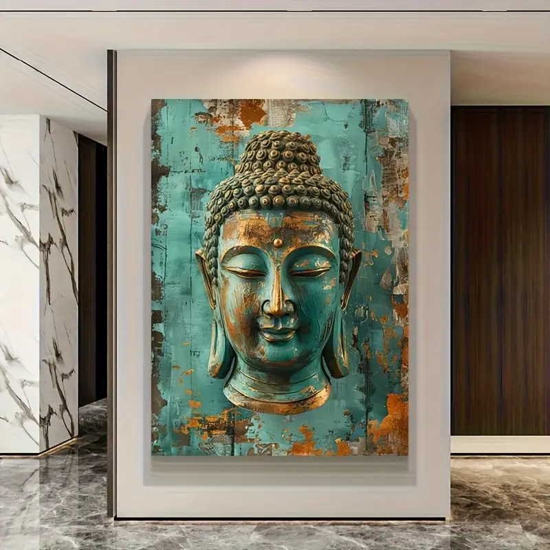 Frameless  Abstract Buddha Head Canvas Art Wall Decoration Turquoise and Bronze Vintage Effect Modern Living Room Bedroom Decora