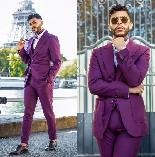 

Purple Peaked Lapel Men Suits With Belt Costume Homme 3 Pieces Jacket+Pant+Vest Wedding Groom Prom Blazer Sets trajes de hombre