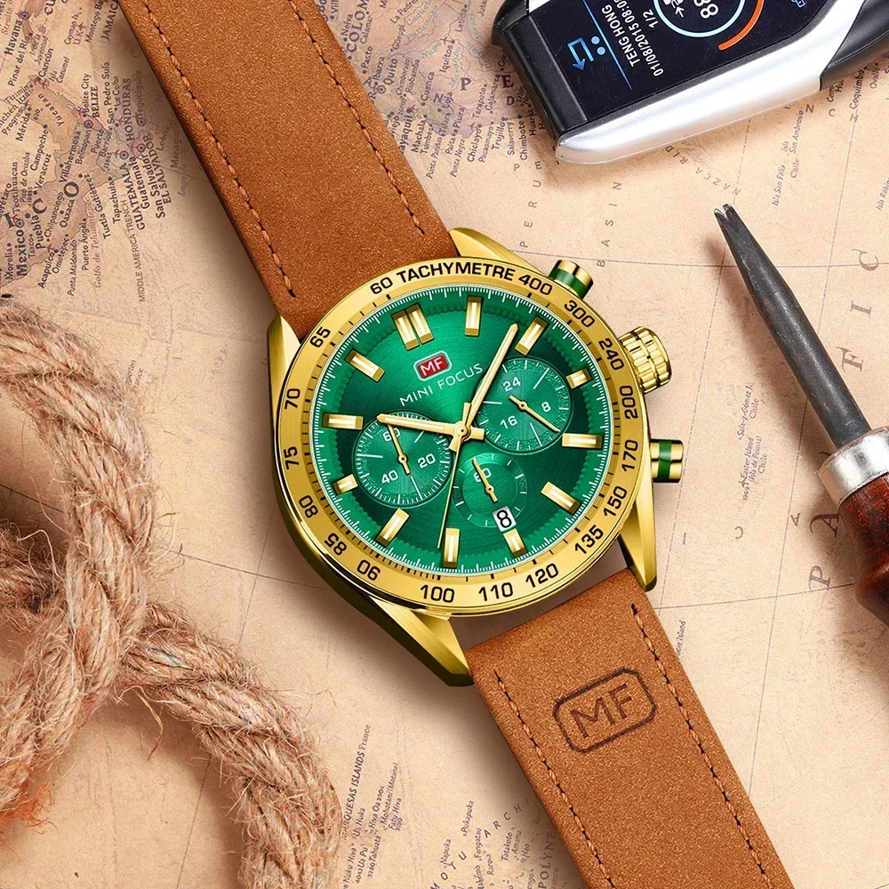 MINI FOCUS-Relógio de pulso de quartzo de couro impermeável masculino, relógio cronógrafo masculino, relógio militar do exército, 0403G