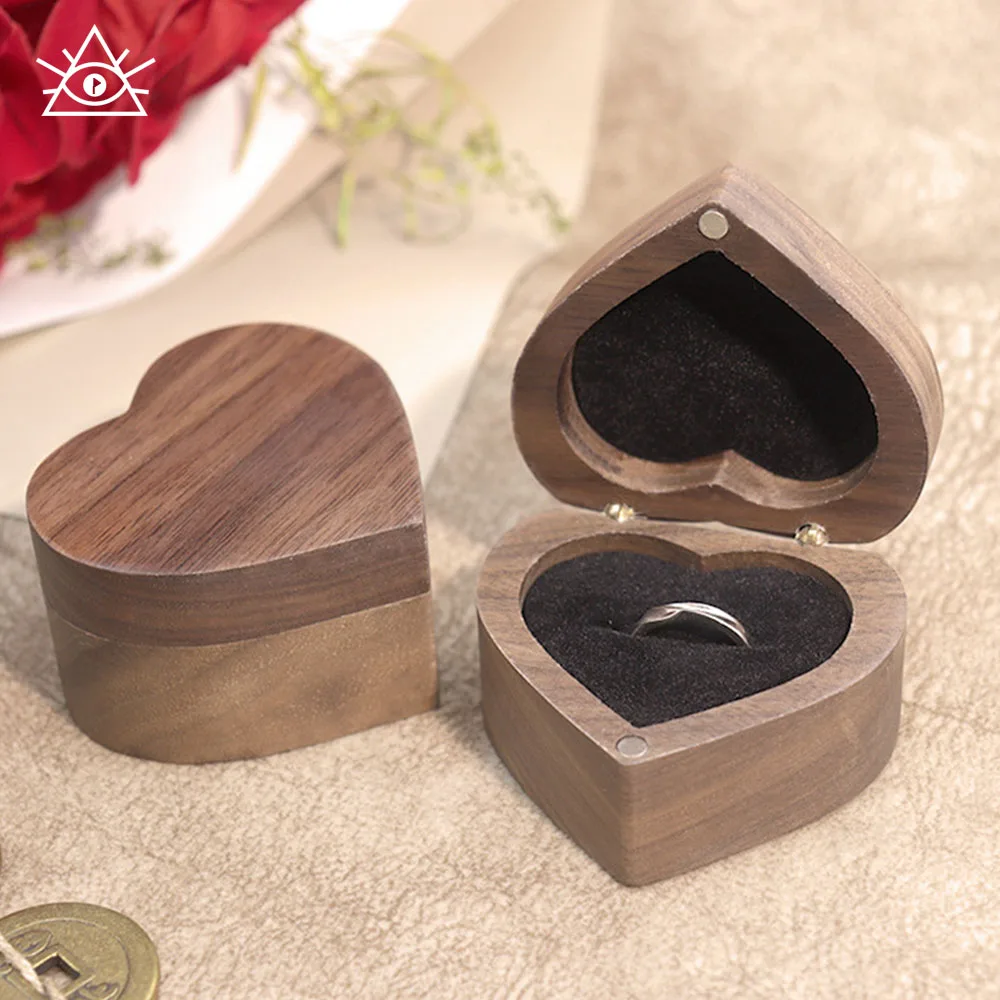 Wedding Love Ring Box Walnut Couple Ring Storage Packaging Gift Box Heart-shaped Wooden Box Earrings